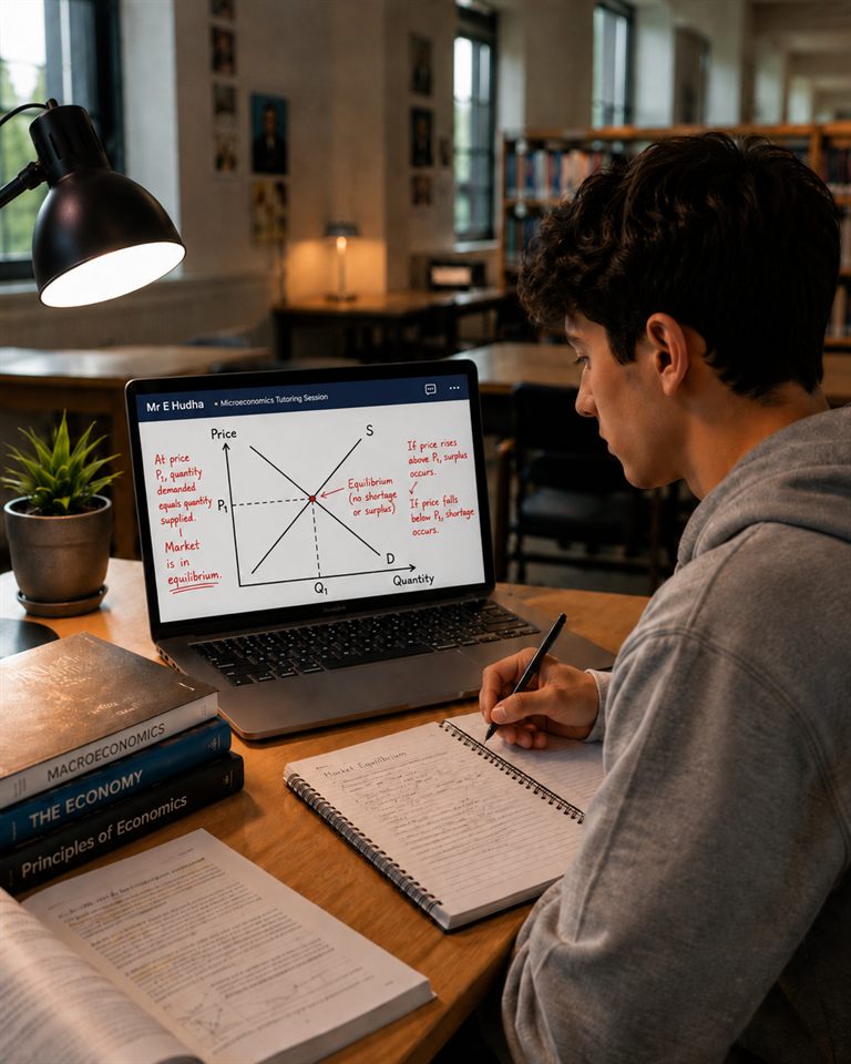 Sixth-form student writing in a notebook while studying A-Level Economics online, laptop showing the tutor's market equilibrium diagram